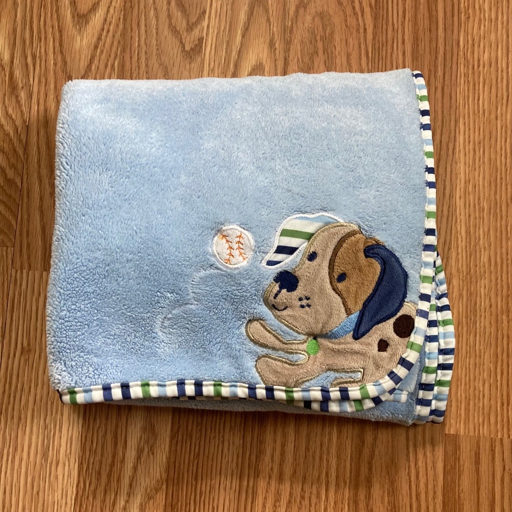Garanimals Puppy Dog Baby Blanket Baseball Blue Stripes 28 x 39